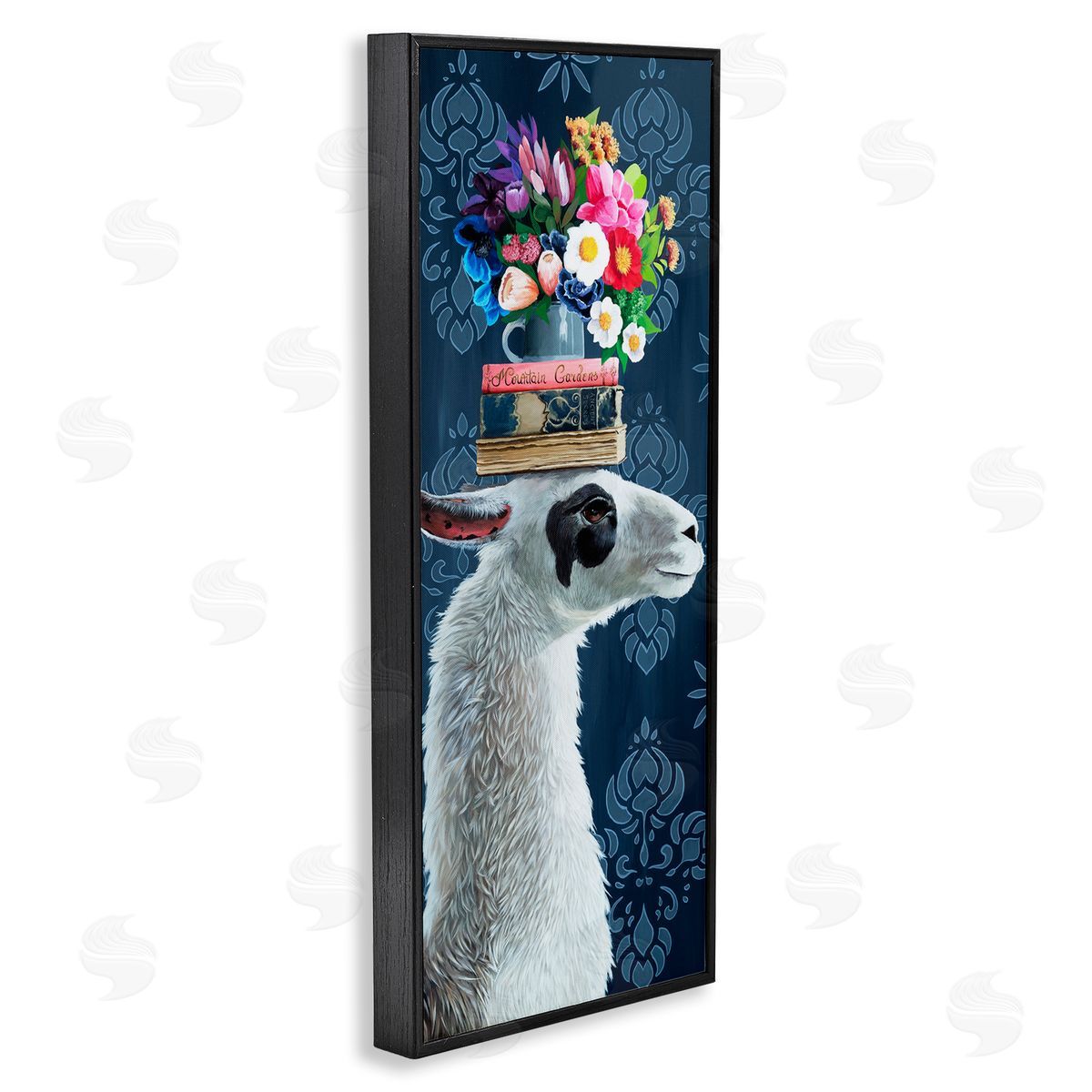 Llama with Book & Flower Arrangement Black Frame Print Wall Art, Home Decor by Heather Gauthier