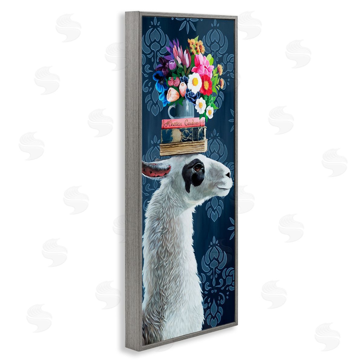 Llama with Book & Flower Arrangement Grey Frame Print Wall Art, Home Decor by Heather Gauthier