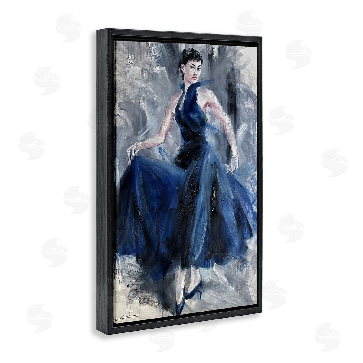 Stylish Woman in Blue Dress Black Floating Frame Canvas Wall Art, Home Decor by Lucille Lee