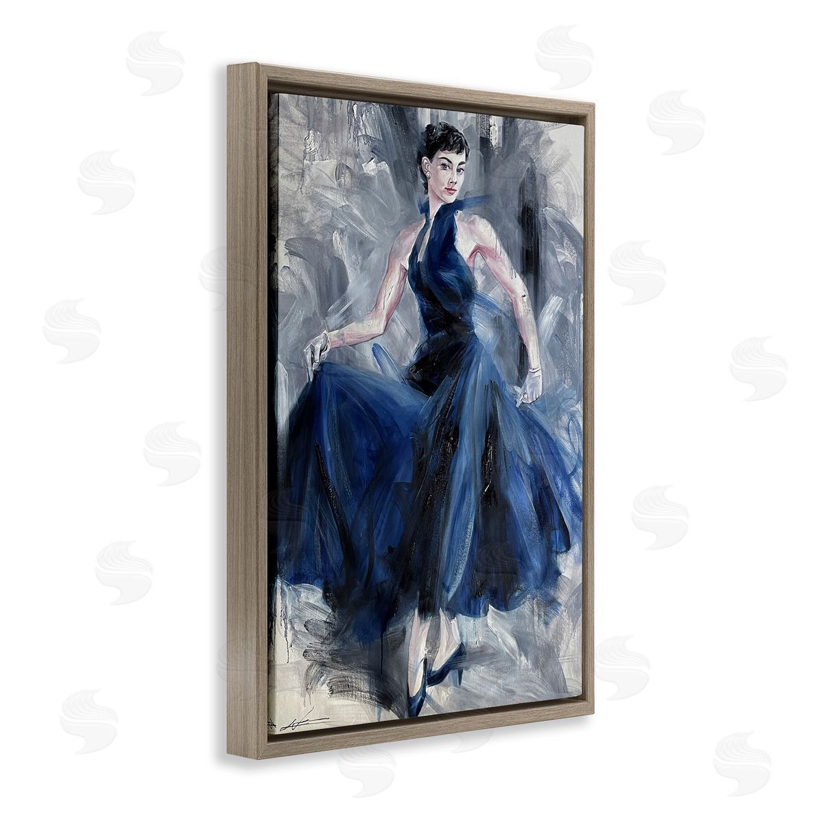 Stylish Woman in Blue Dress Brown Floating Frame Canvas Wall Art, Home Decor by Lucille Lee