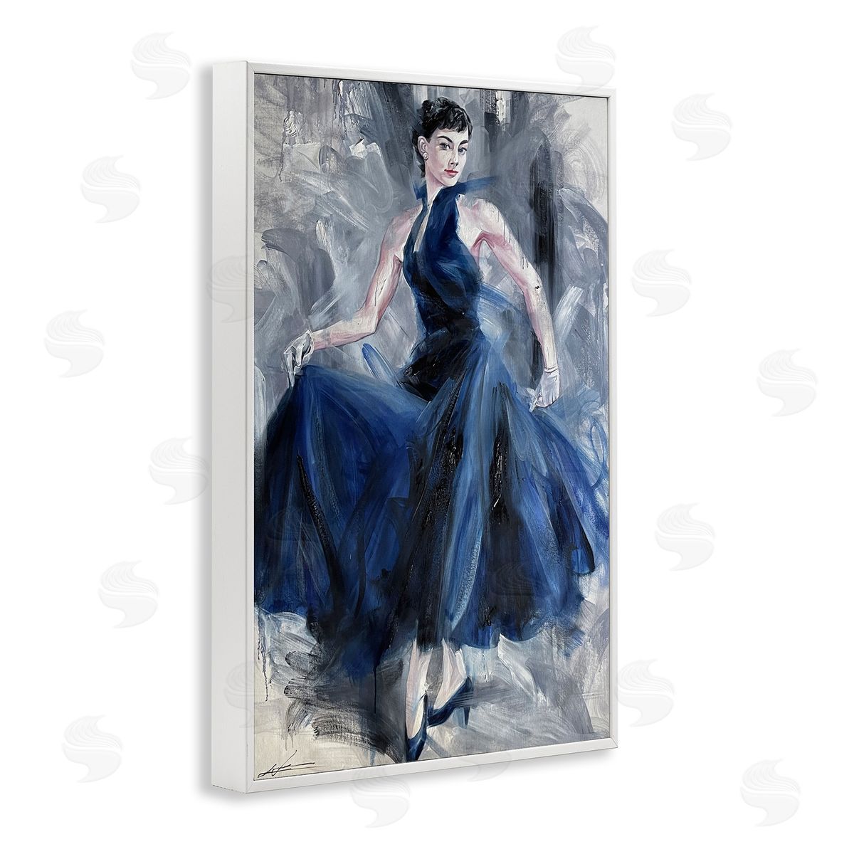 Stylish Woman in Blue Dress White Frame Print Wall Art, Home Decor by Lucille Lee