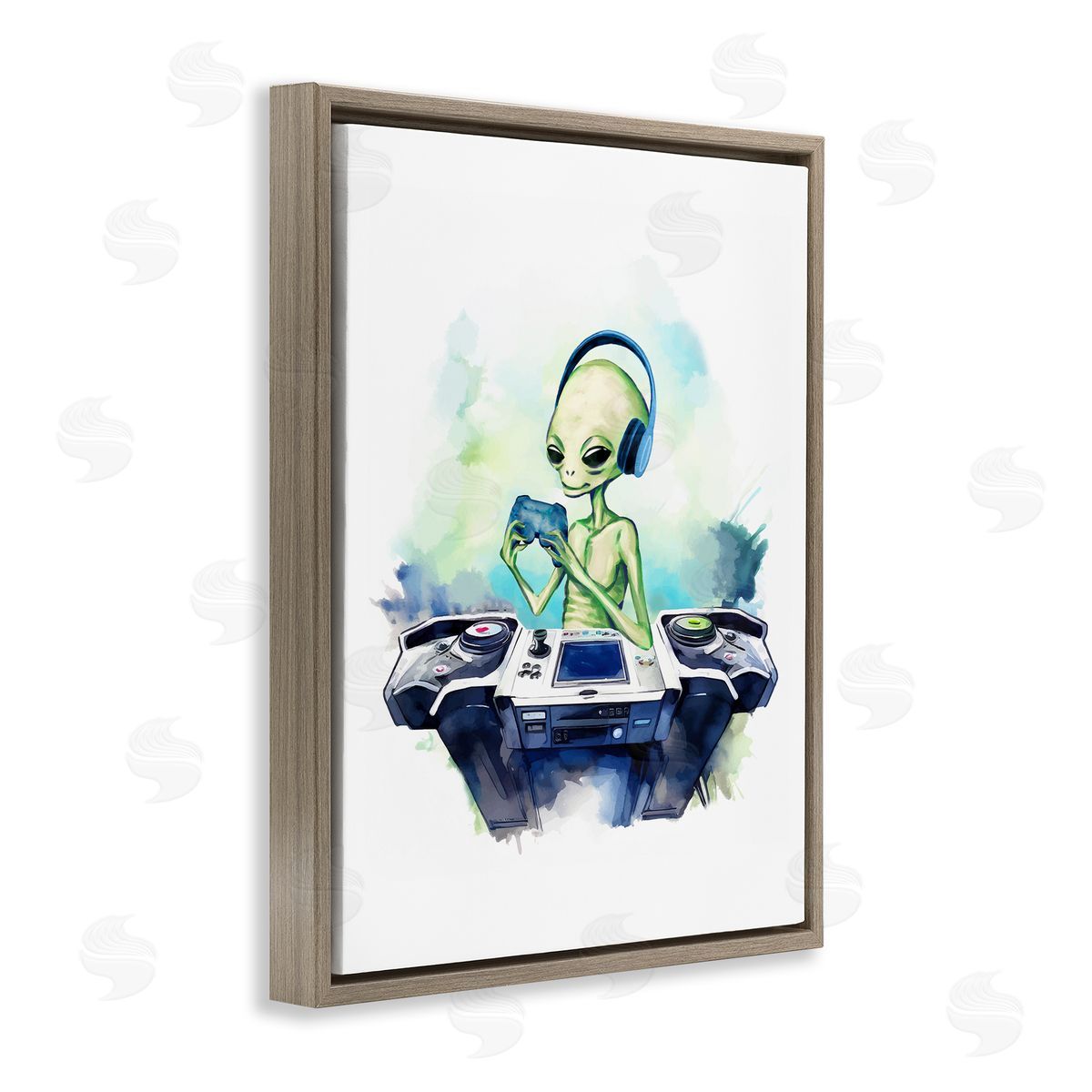 Tech Alien Playing Video Games Brown Floating Frame Canvas Wall Art, Home Decor by Stupell Studio