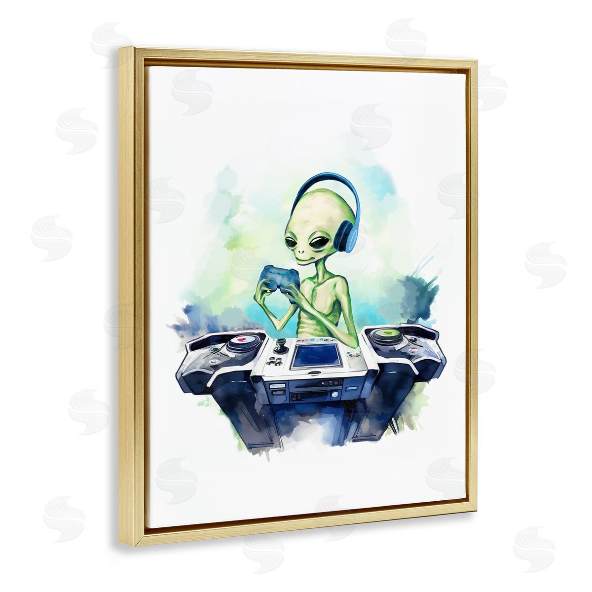 Tech Alien Playing Video Games Gold Floating Frame Canvas Wall Art, Home Decor by Stupell Studio