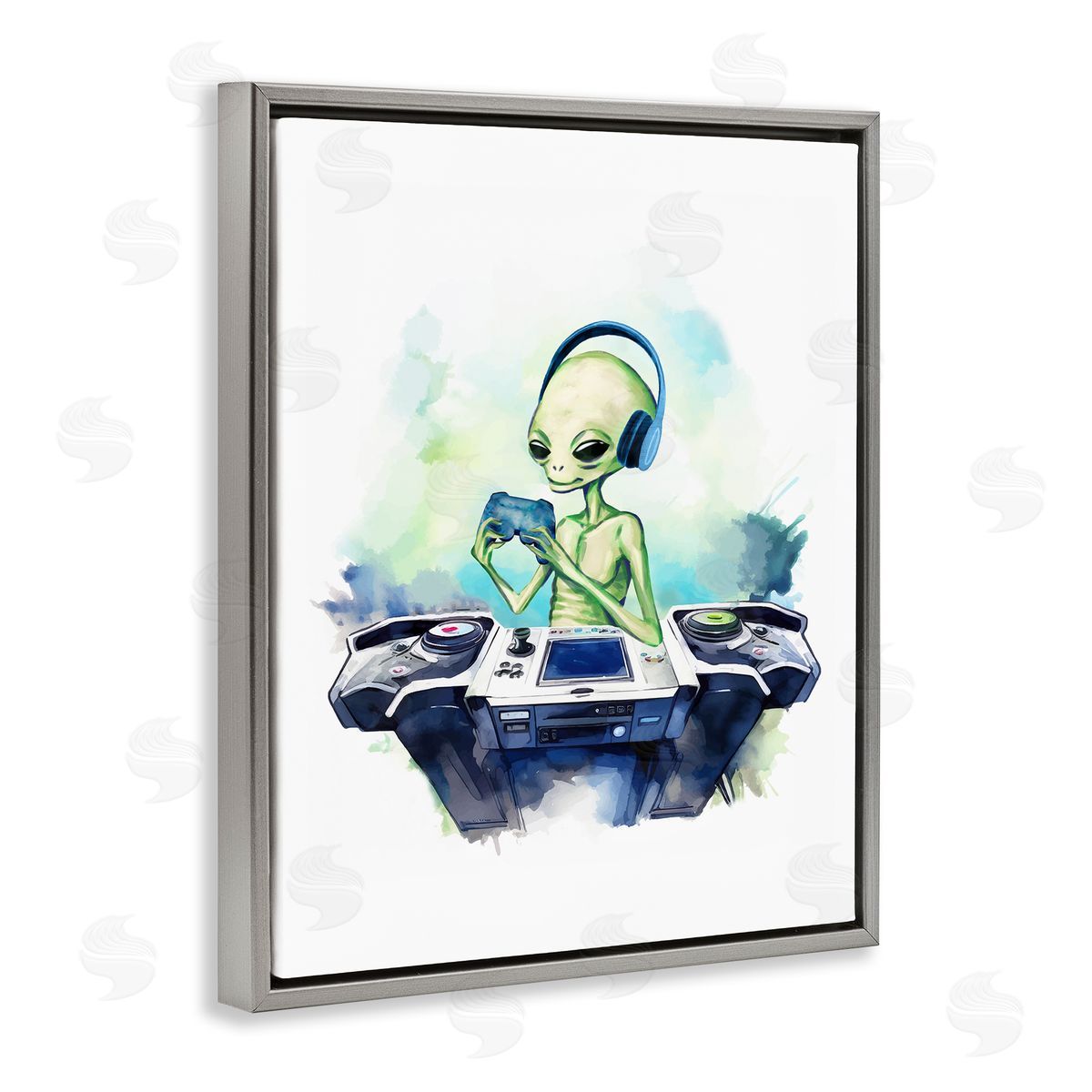 Tech Alien Playing Video Games Grey Floating Frame Canvas Wall Art, Home Decor by Stupell Studio