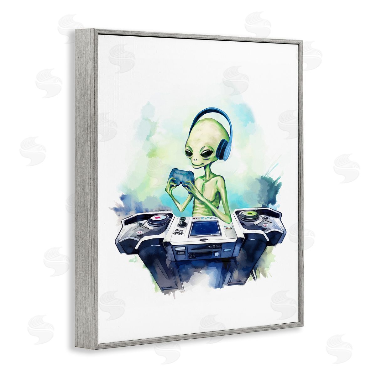 Tech Alien Playing Video Games Grey Frame Print Wall Art, Home Decor by Stupell Studio