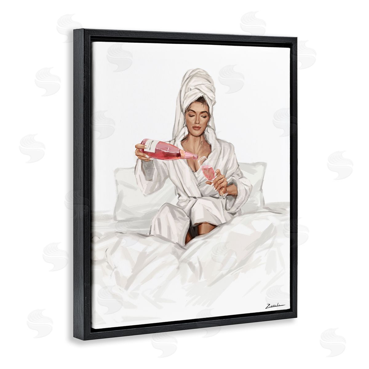 Pouring Rosé Wine in Bed Black Floating Frame Canvas Wall Art, Home Decor by Ziwei Li