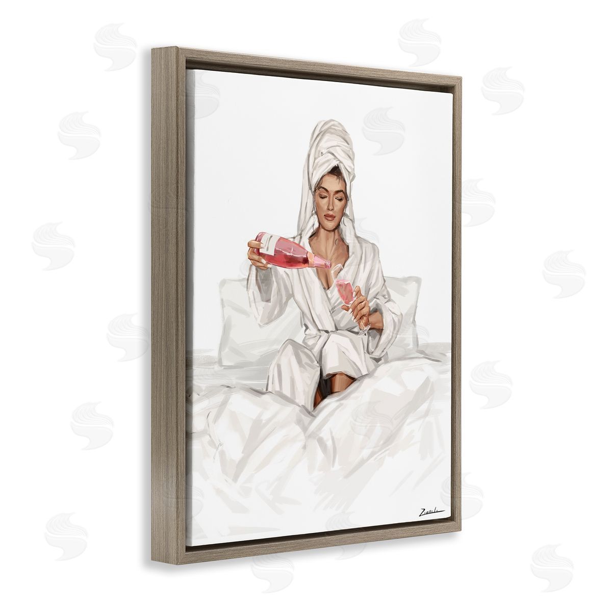 Pouring Rosé Wine in Bed Brown Floating Frame Canvas Wall Art, Home Decor by Ziwei Li