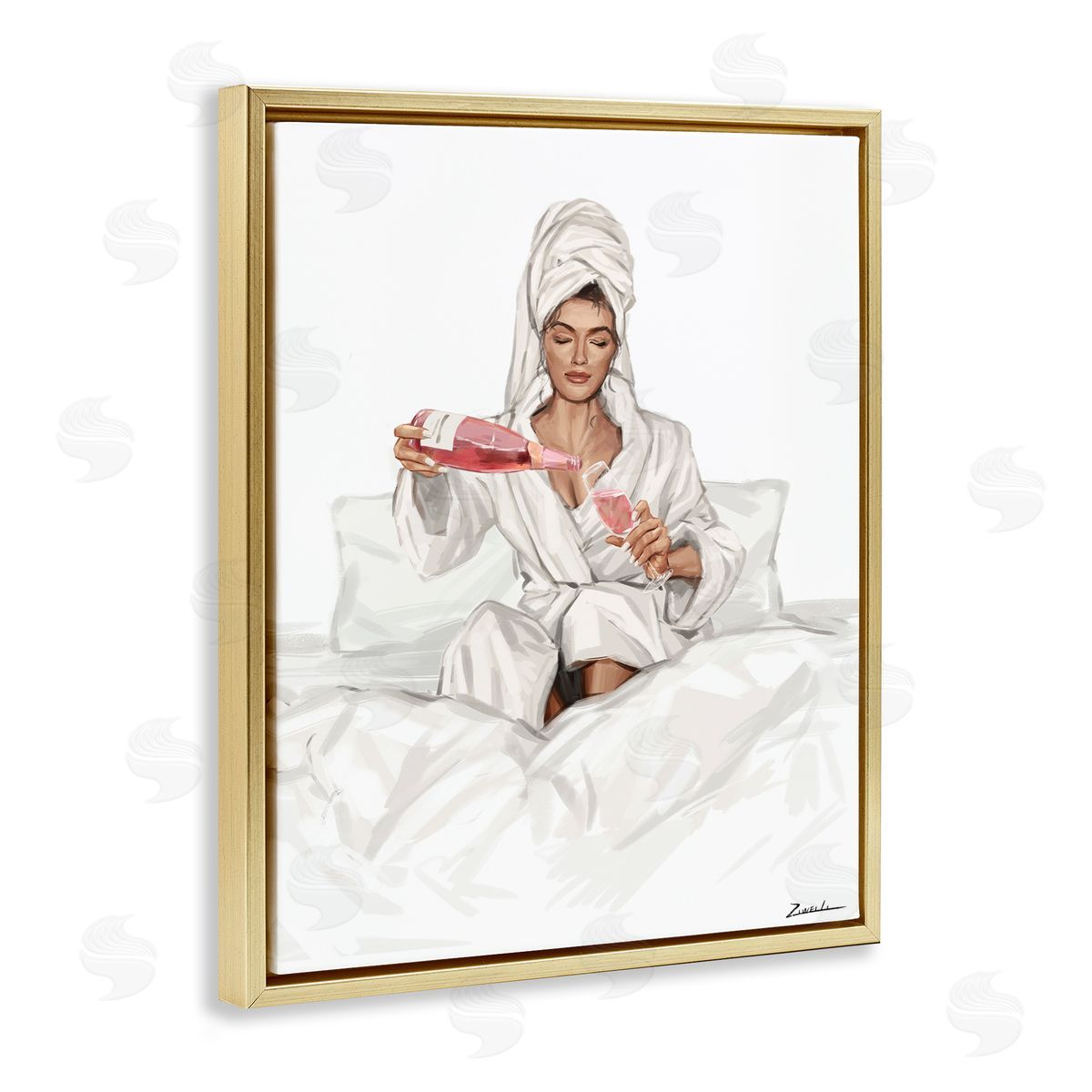 Pouring Rosé Wine in Bed Gold Floating Frame Canvas Wall Art, Home Decor by Ziwei Li