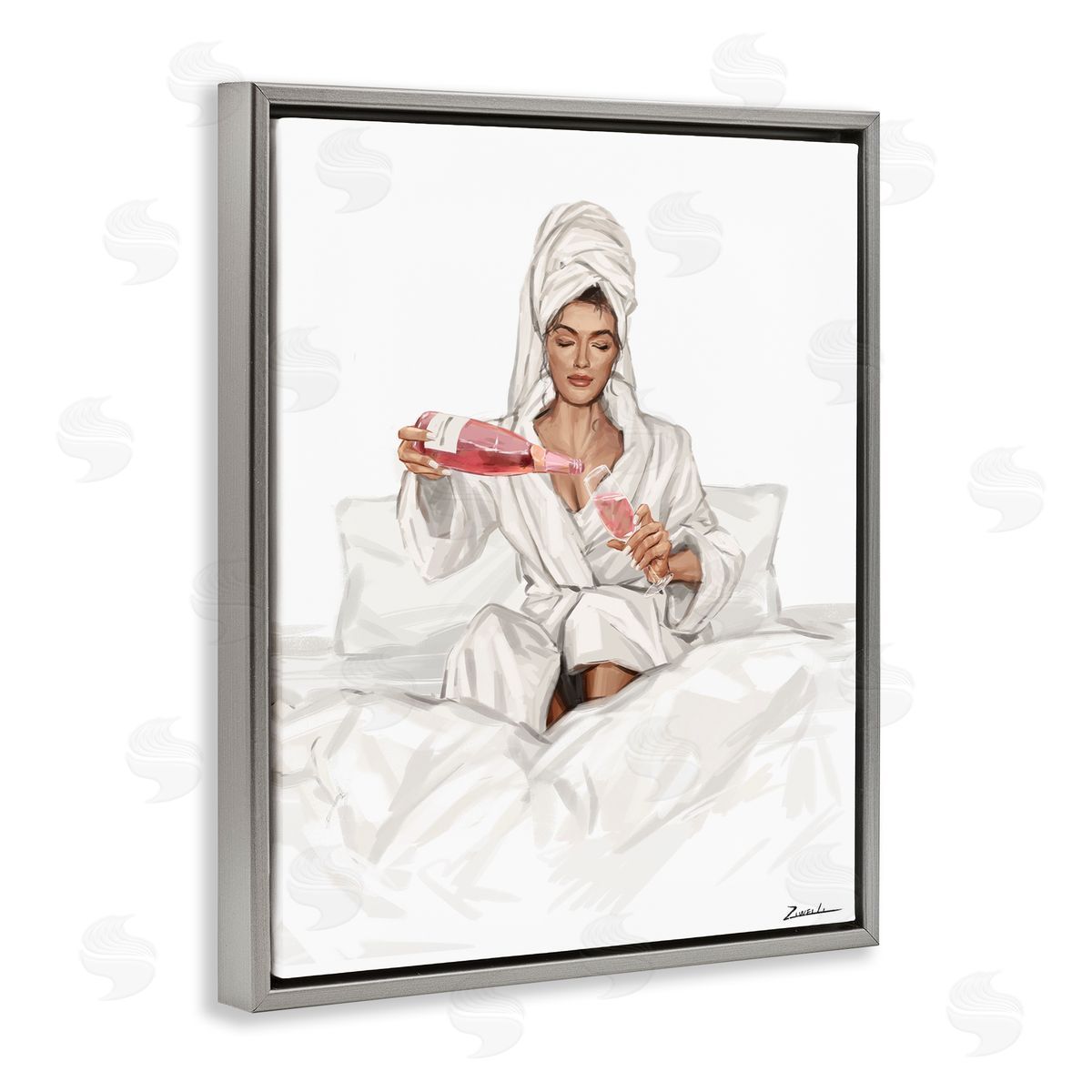 Pouring Rosé Wine in Bed Grey Floating Frame Canvas Wall Art, Home Decor by Ziwei Li
