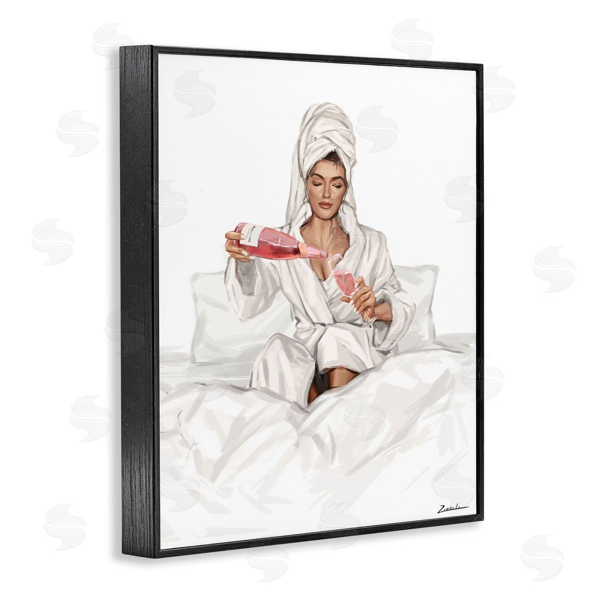 Pouring Rosé Wine in Bed Black Frame Print Wall Art, Home Decor by Ziwei Li