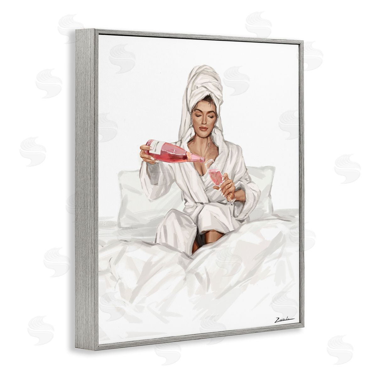 Pouring Rosé Wine in Bed Grey Frame Print Wall Art, Home Decor by Ziwei Li