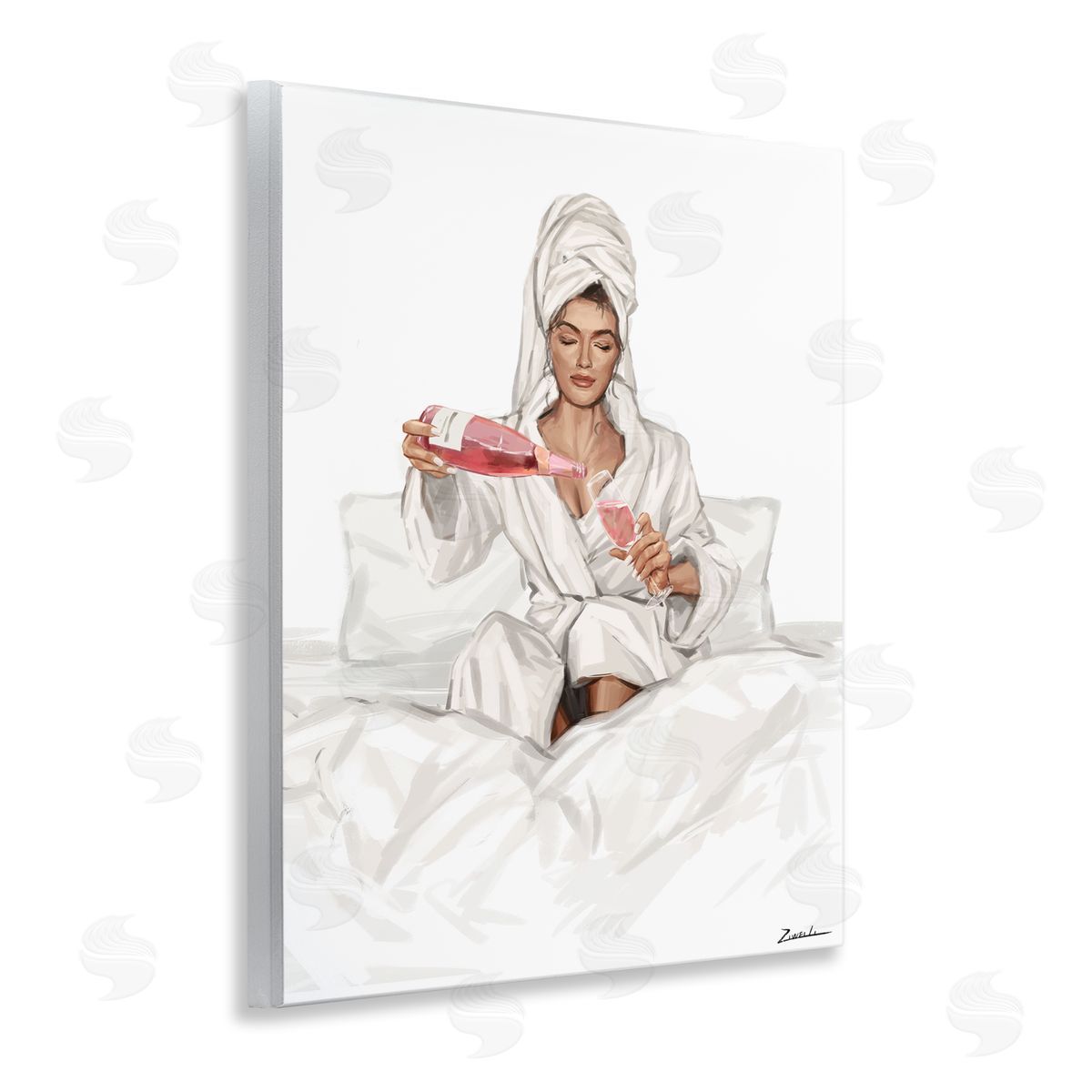 Pouring Rosé Wine in Bed Wood Plaque Wall Art, Home Decor by Ziwei Li