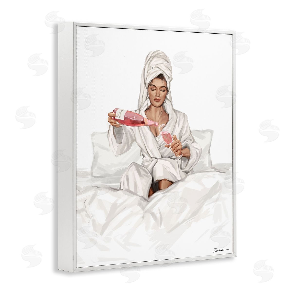 Pouring Rosé Wine in Bed White Frame Print Wall Art, Home Decor by Ziwei Li