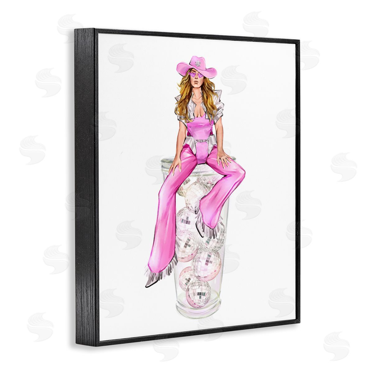 Pink Cowgirl & Disco Balls Black Frame Print Wall Art, Home Decor by Ziwei Li