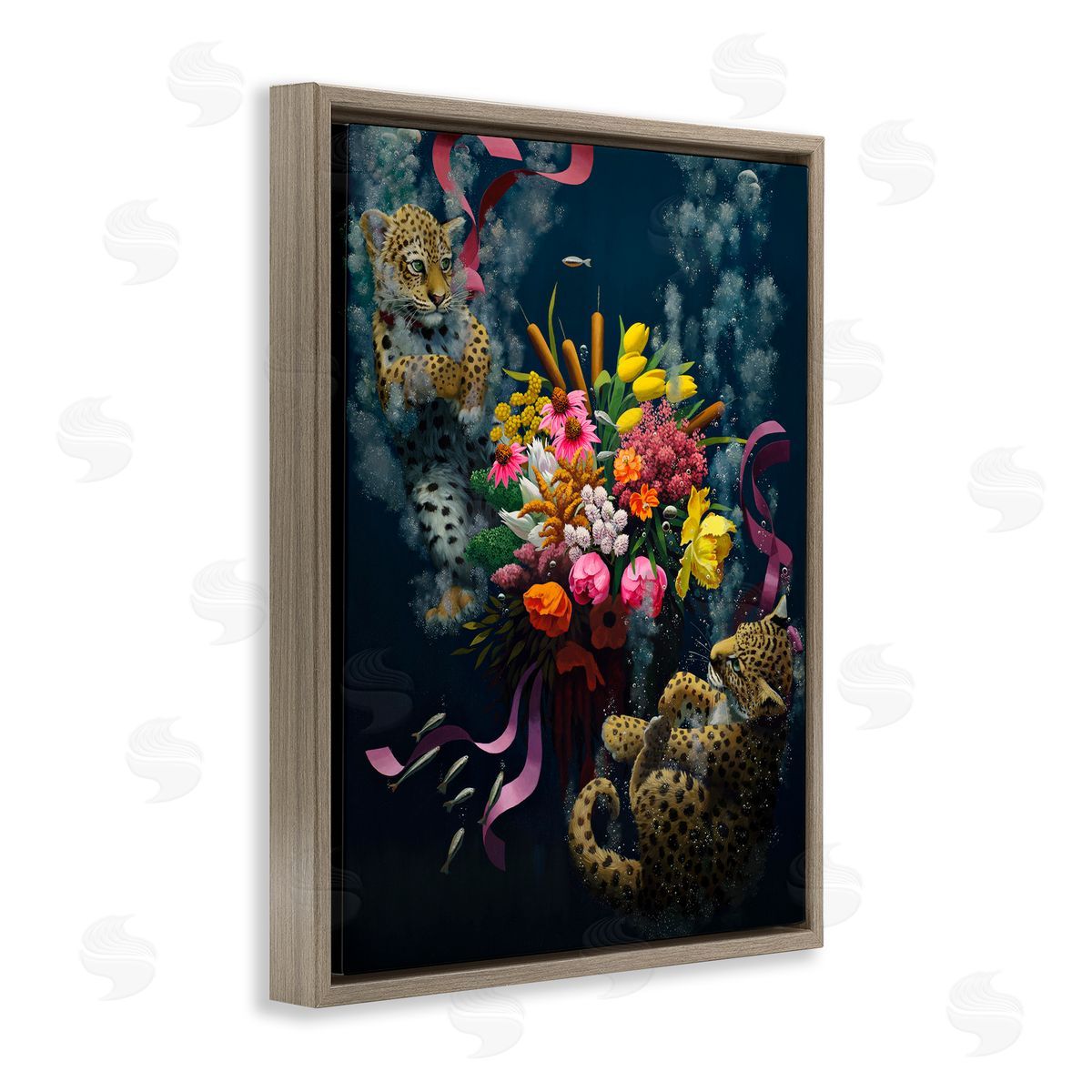 Bouquet with Leopards Underwater Brown Floating Frame Canvas Wall Art, Home Decor by Heather Gauthier