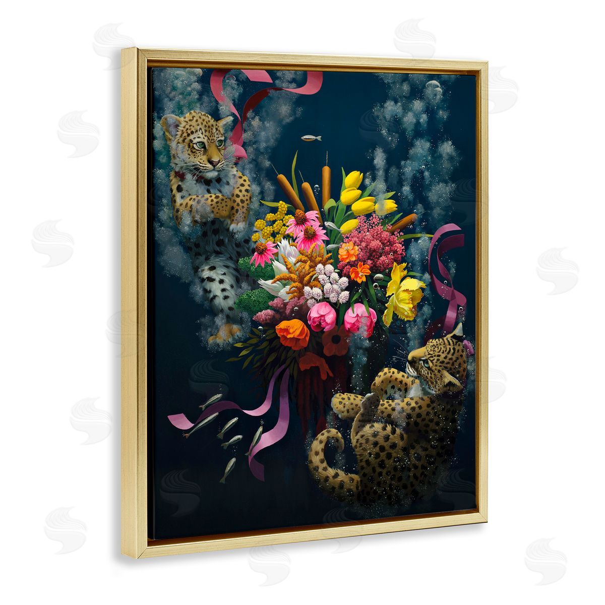 Bouquet with Leopards Underwater Gold Floating Frame Canvas Wall Art, Home Decor by Heather Gauthier