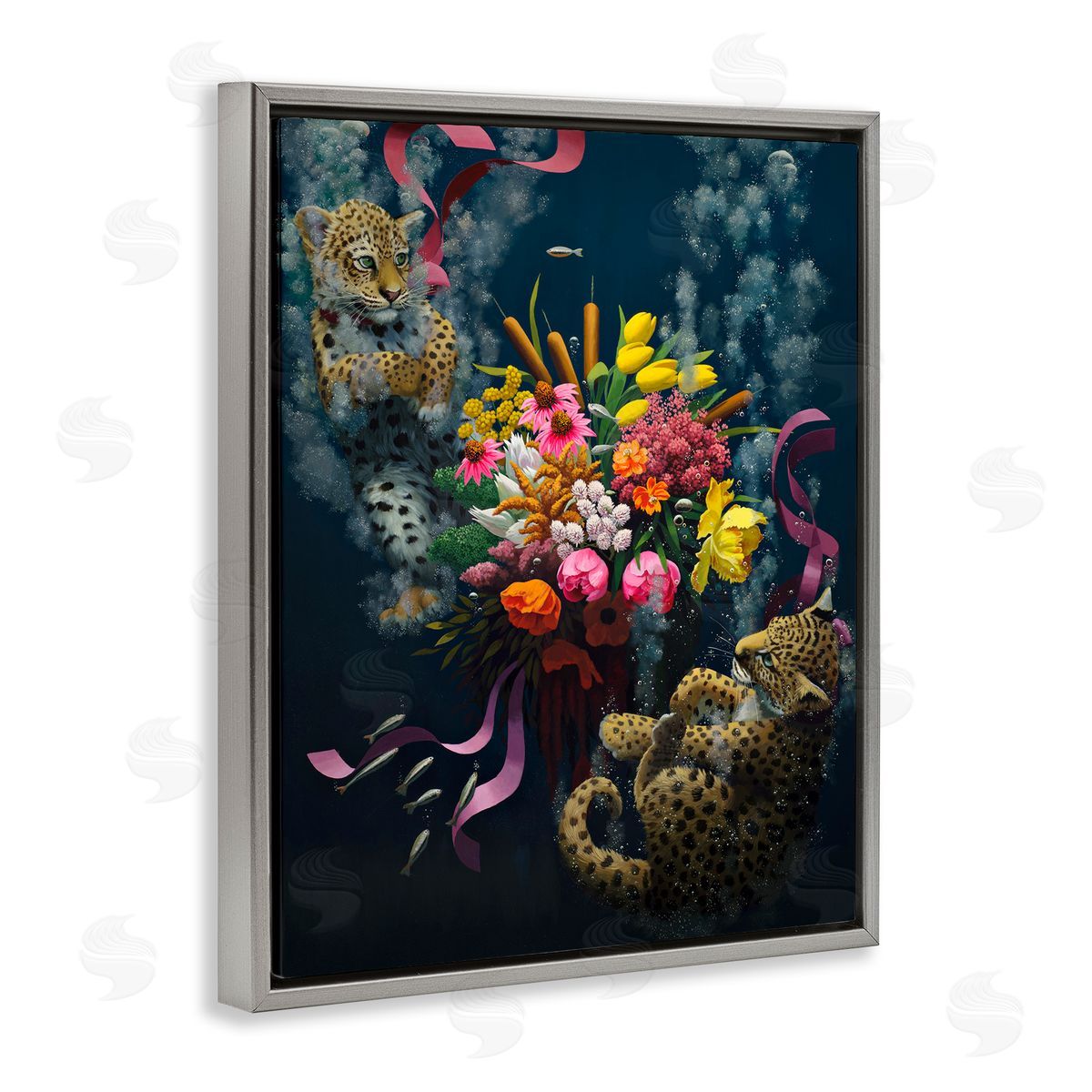 Bouquet with Leopards Underwater Grey Floating Frame Canvas Wall Art, Home Decor by Heather Gauthier