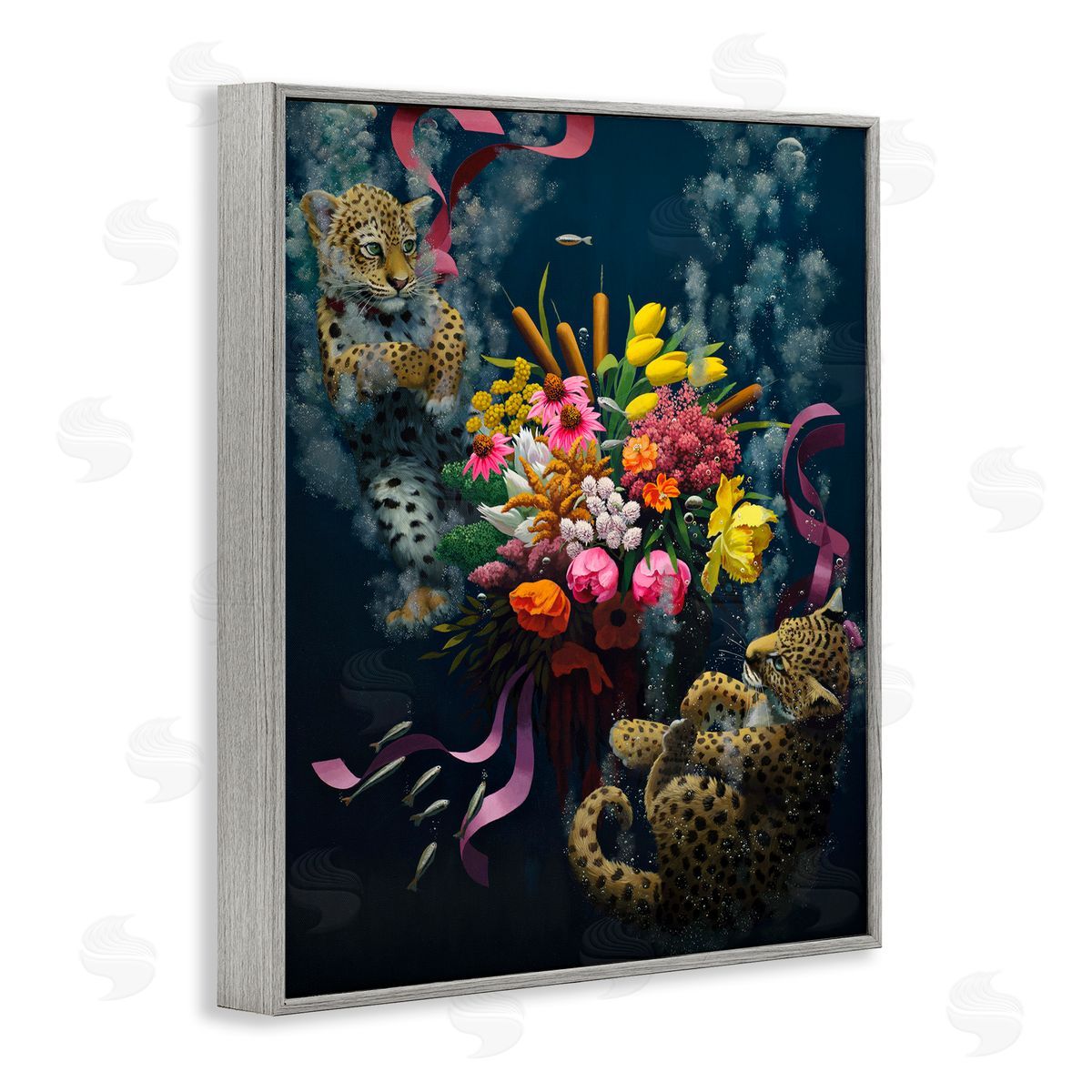 Bouquet with Leopards Underwater Grey Frame Print Wall Art, Home Decor by Heather Gauthier