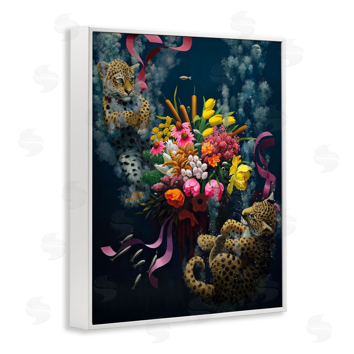 Bouquet with Leopards Underwater White Frame Print Wall Art, Home Decor by Heather Gauthier