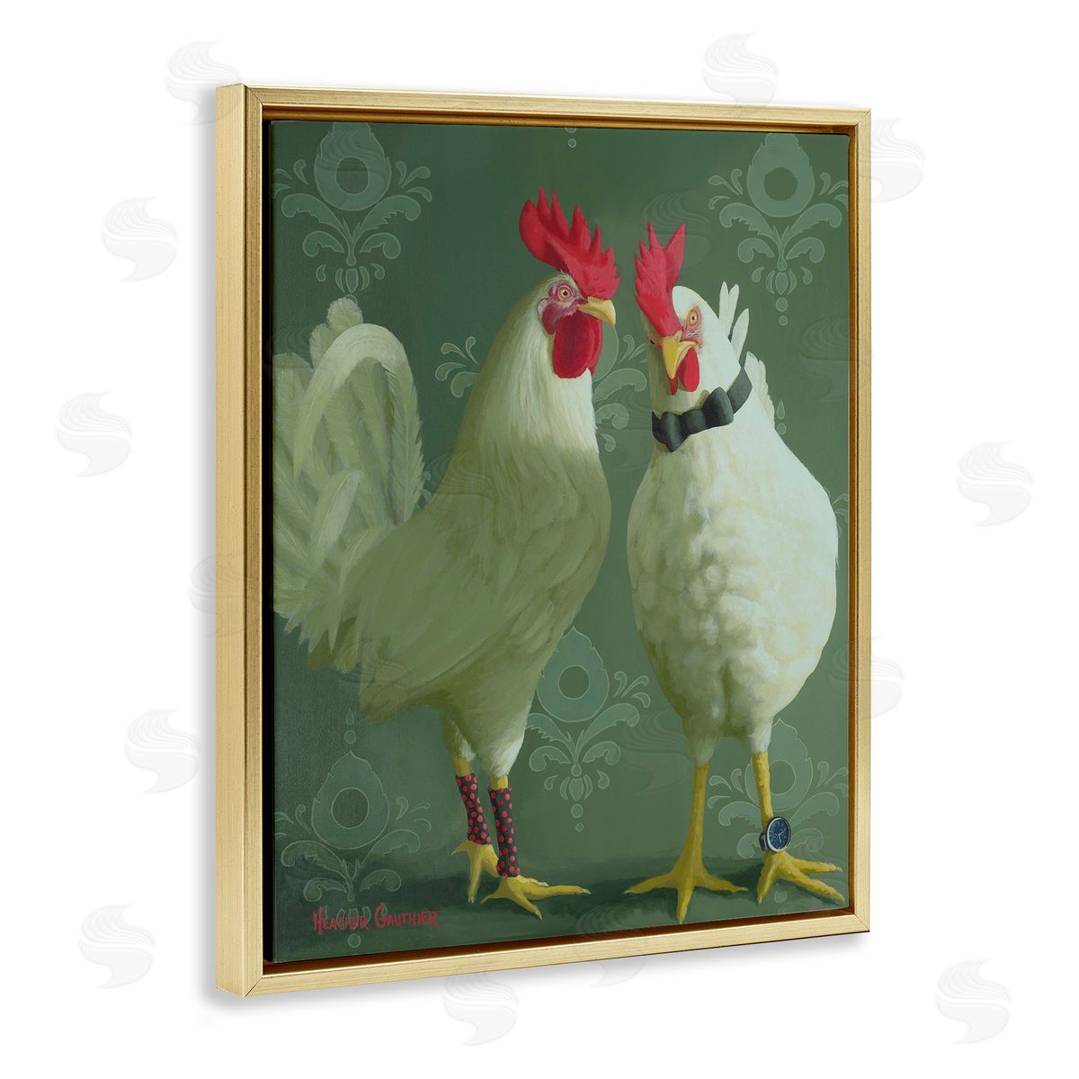 Stylish Roosters Pair Gold Floating Frame Canvas Wall Art, Home Decor by Heather Gauthier