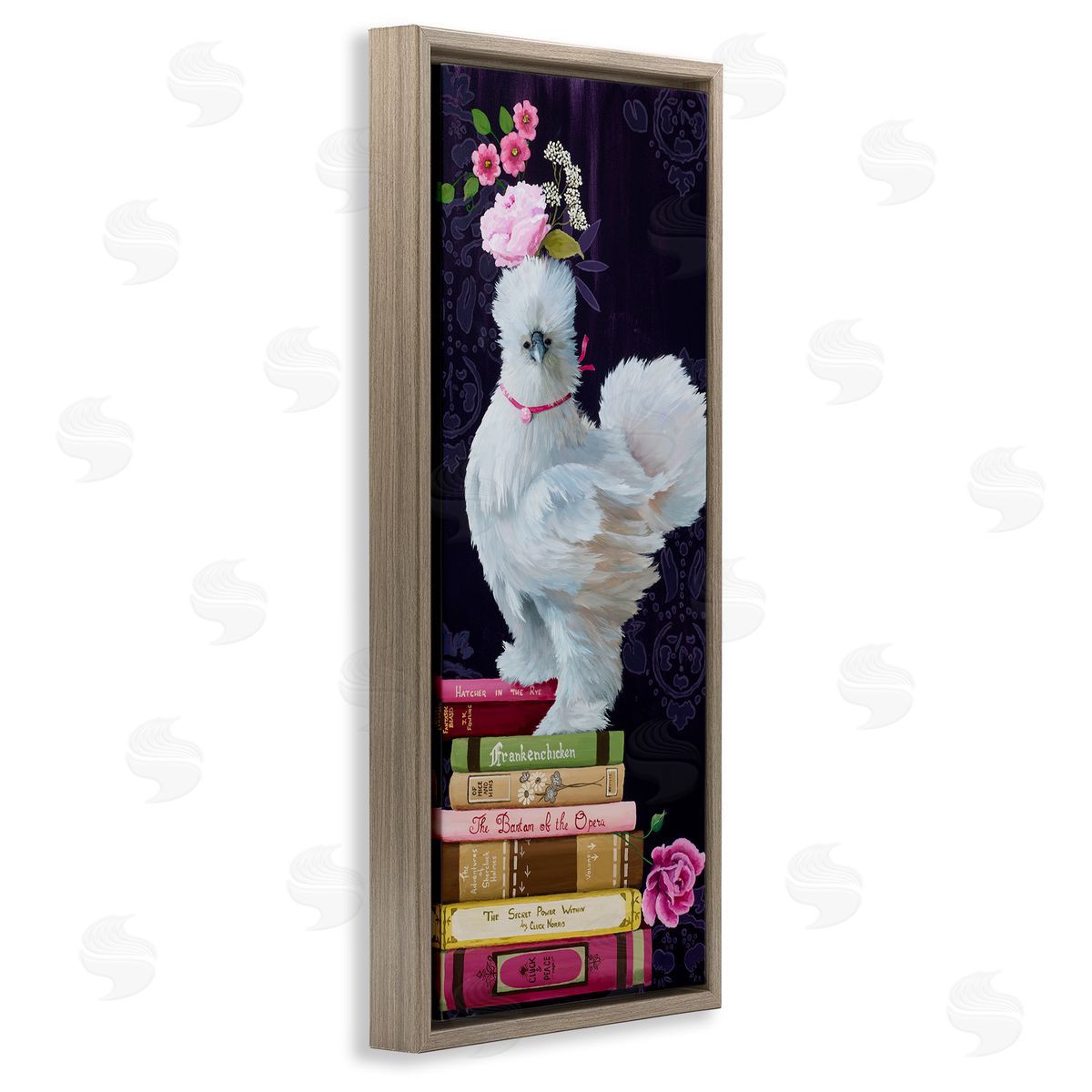 Fancy Vintage Chicken with Books Brown Floating Frame Canvas Wall Art, Home Decor by Heather Gauthier