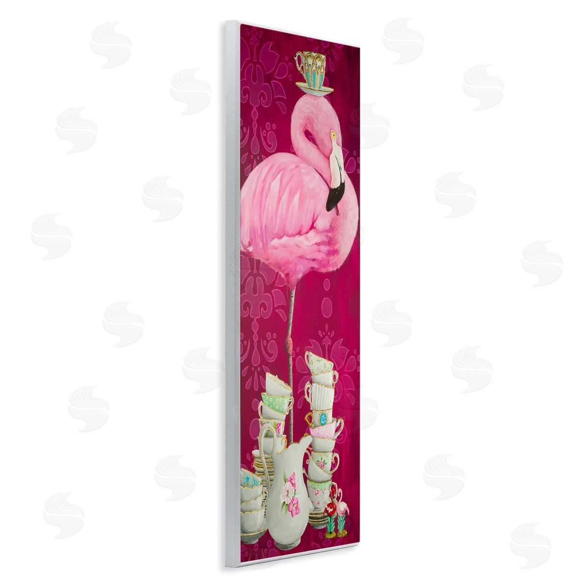 Flamingo with Antique Teacups Wood Plaque Wall Art, Home Decor by Heather Gauthier