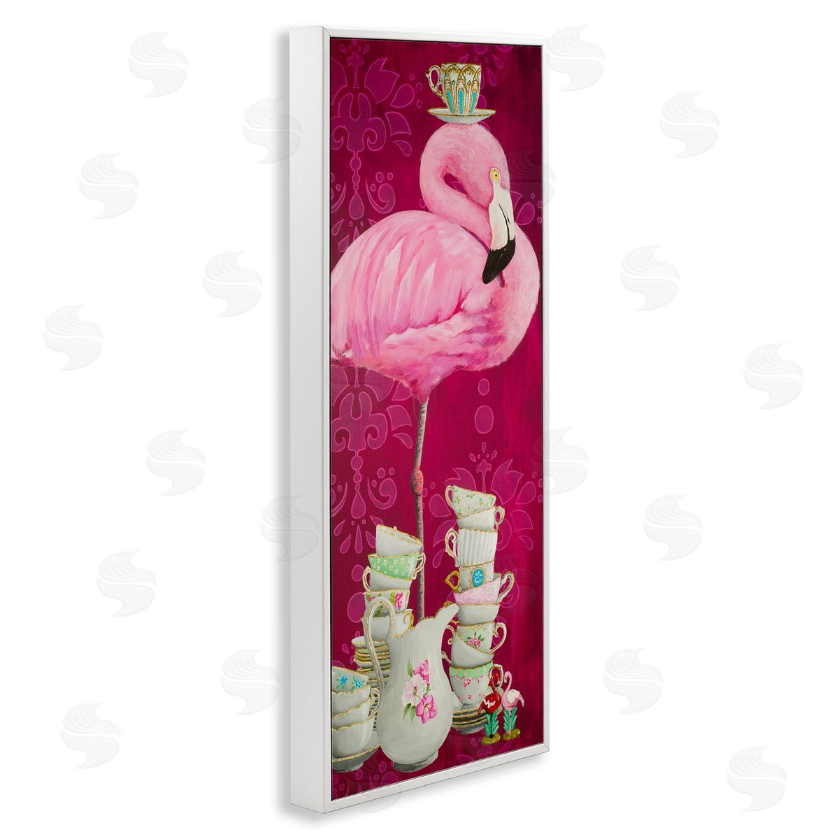 Flamingo with Antique Teacups White Frame Print Wall Art, Home Decor by Heather Gauthier