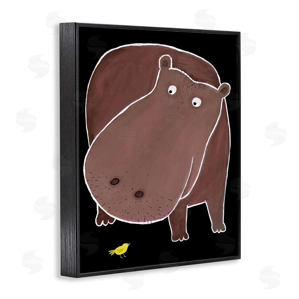 Hippo & Bird on Black Black Frame Print Wall Art, Home Decor by Carla Daly