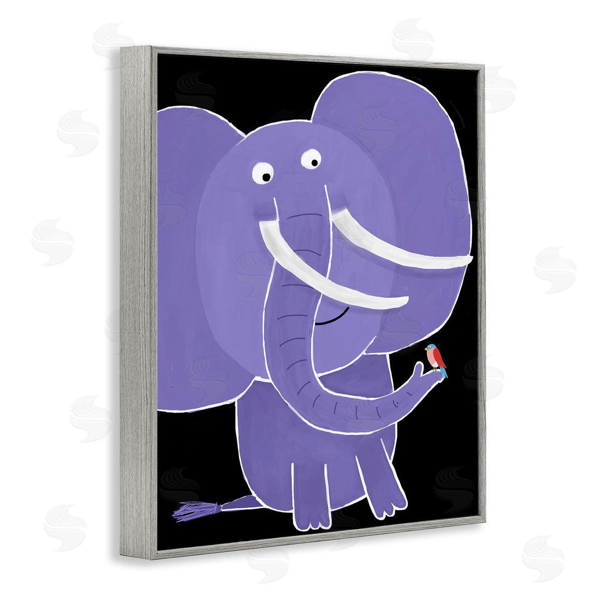 Elephant & Bird on Black Grey Frame Print Wall Art, Home Decor by Carla Daly