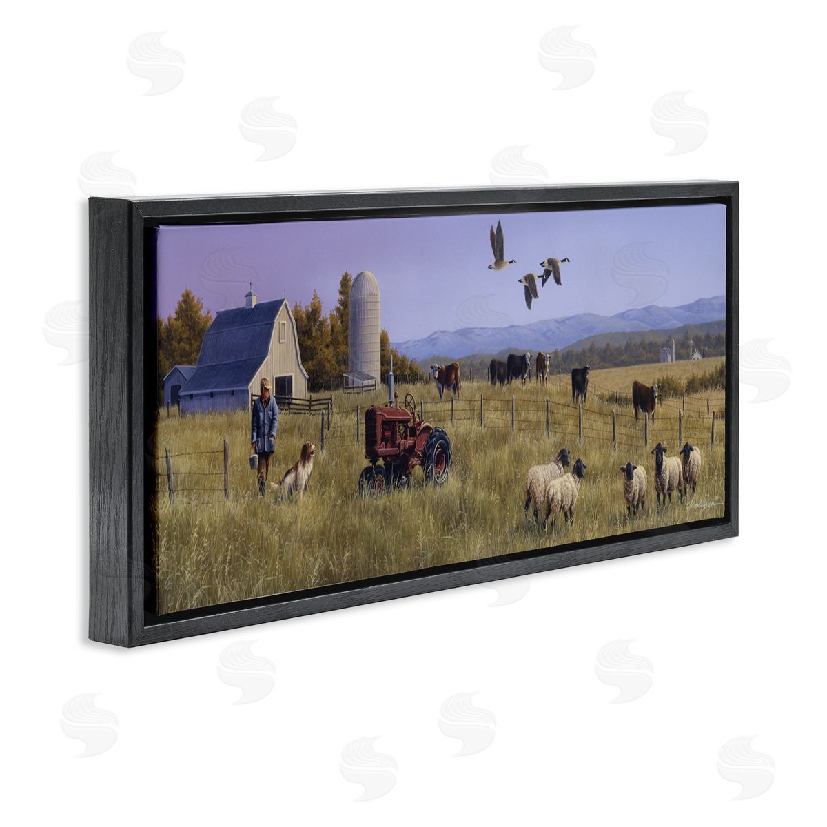 Geese Over Lush Farm Scene Black Floating Frame Canvas Wall Art, Home Decor by Frank Parker (Young)