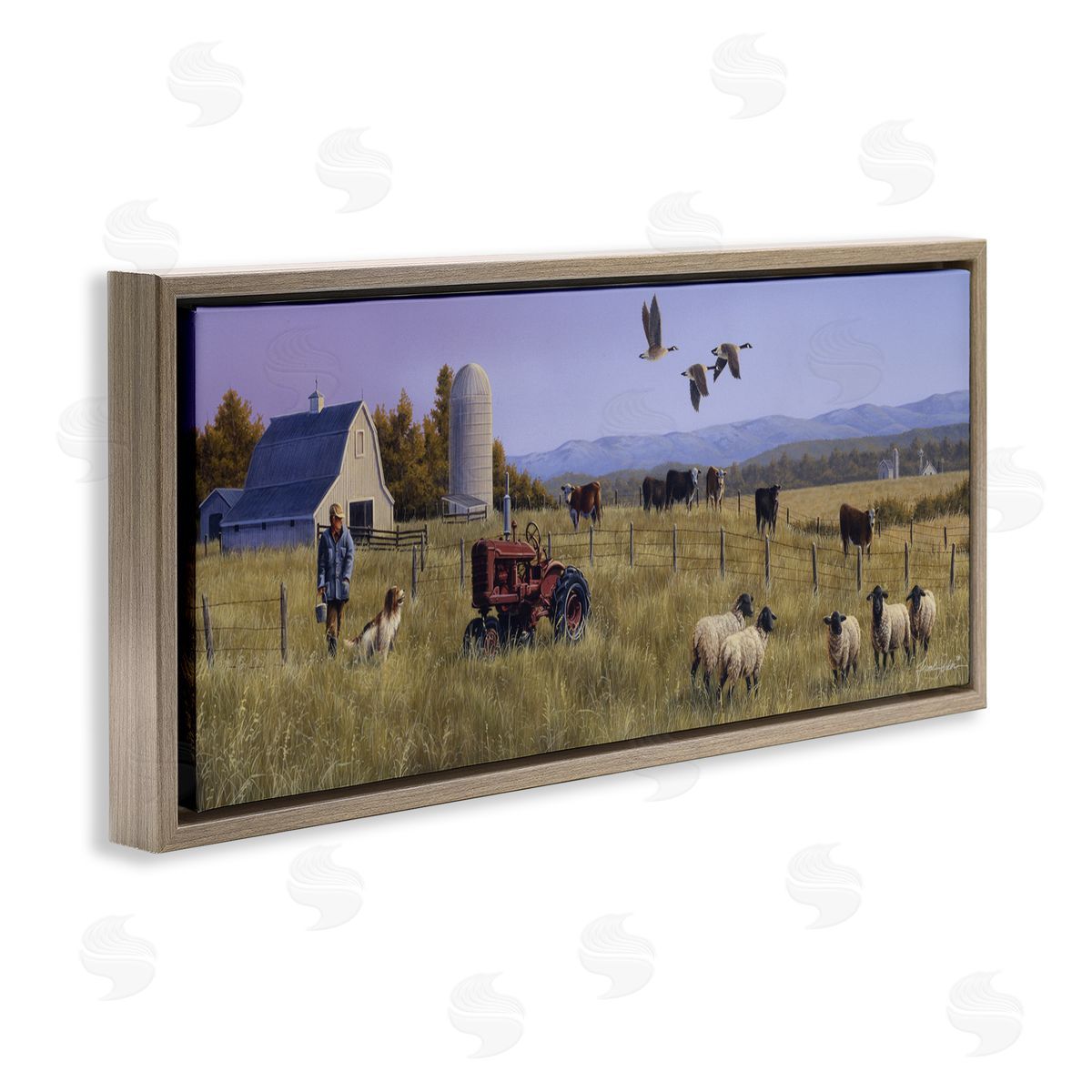 Geese Over Lush Farm Scene Brown Floating Frame Canvas Wall Art, Home Decor by Frank Parker (Young)