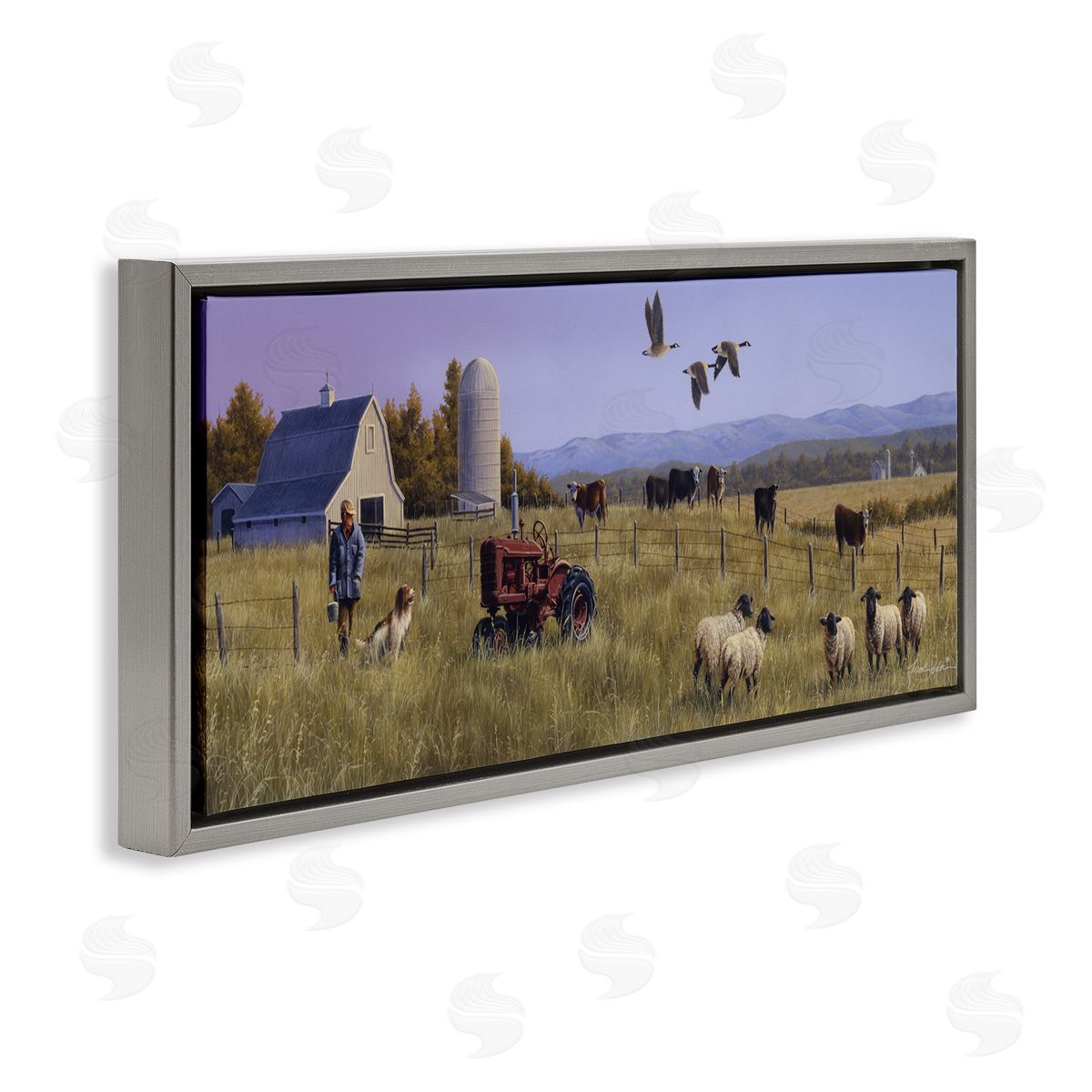Geese Over Lush Farm Scene Grey Floating Frame Canvas Wall Art, Home Decor by Frank Parker (Young)
