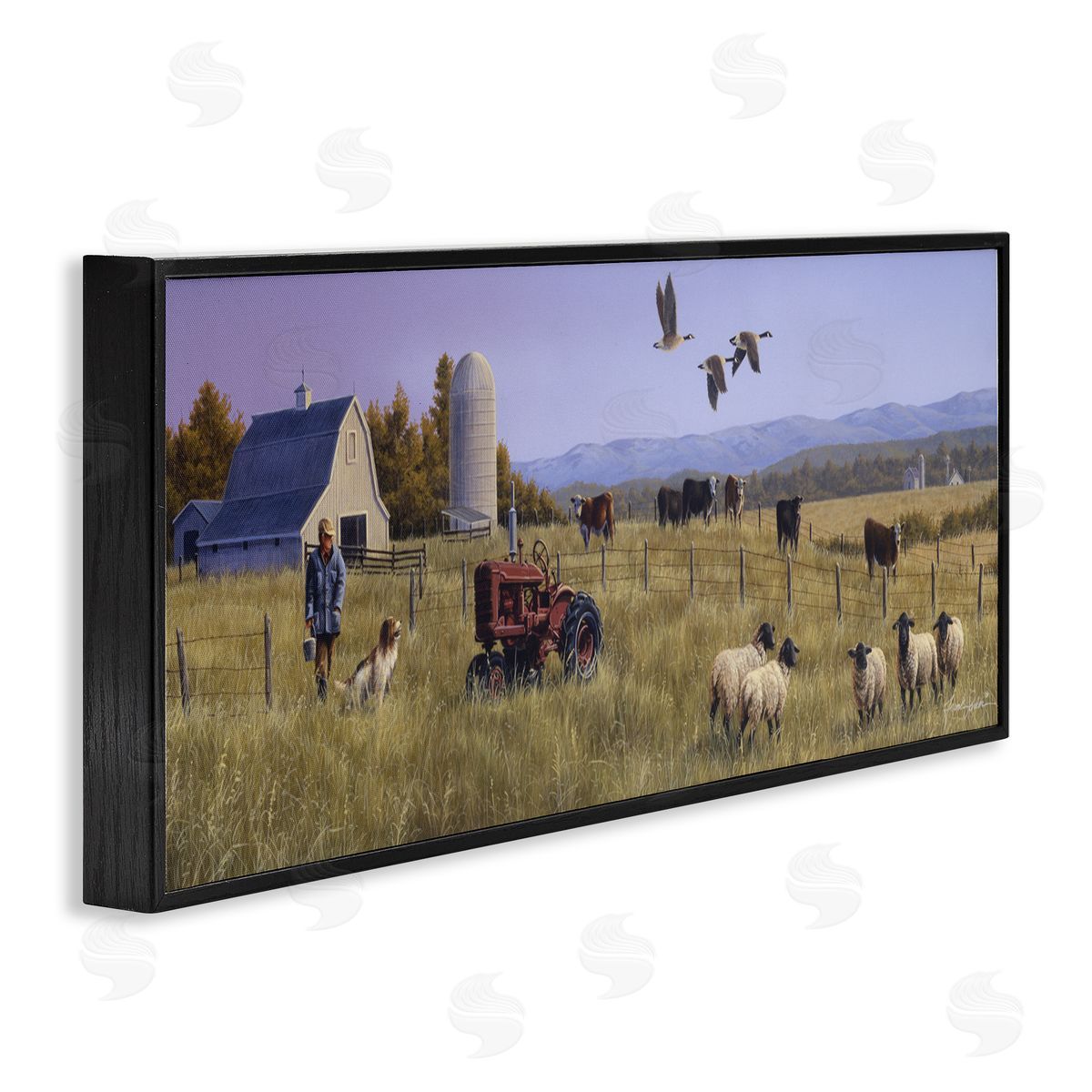 Geese Over Lush Farm Scene Black Frame Print Wall Art, Home Decor by Frank Parker (Young)