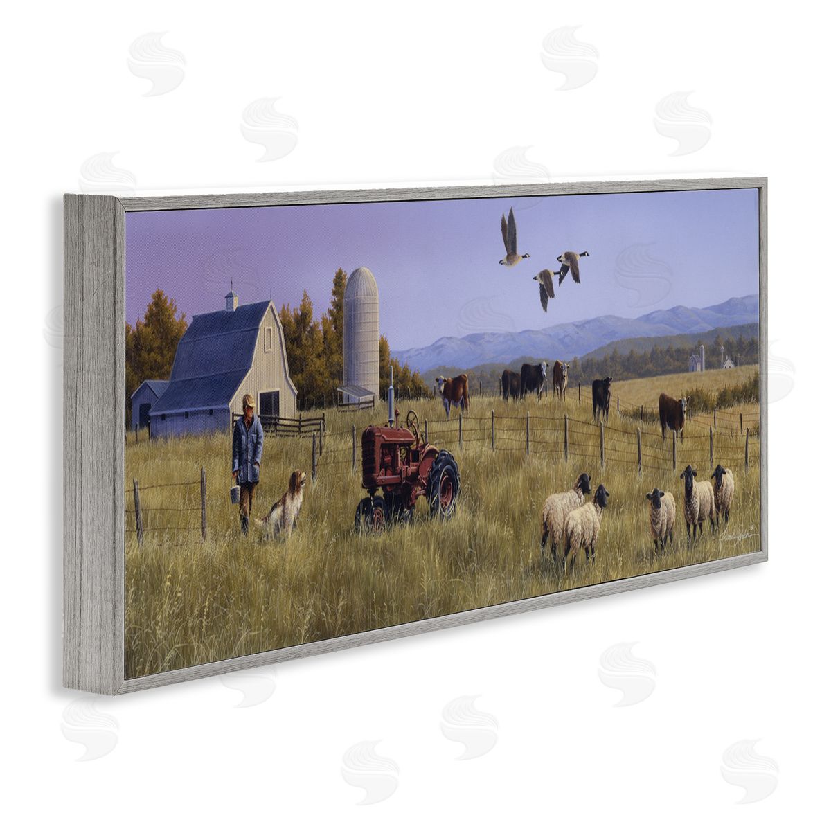 Geese Over Lush Farm Scene Grey Frame Print Wall Art, Home Decor by Frank Parker (Young)