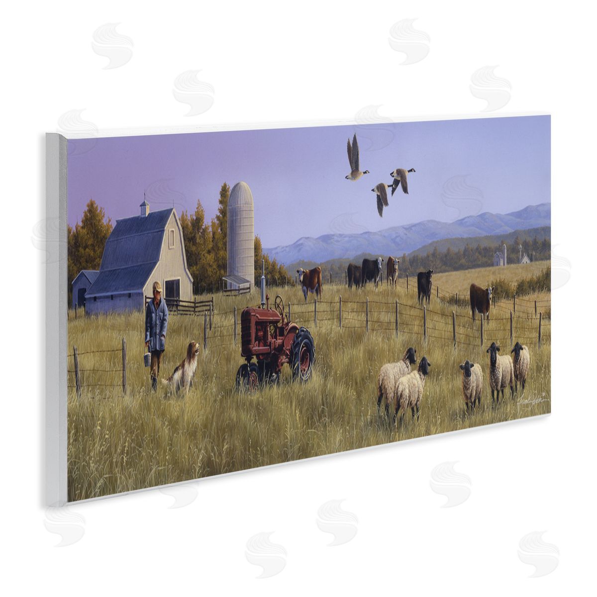 Geese Over Lush Farm Scene Wood Plaque Wall Art, Home Decor by Frank Parker (Young)