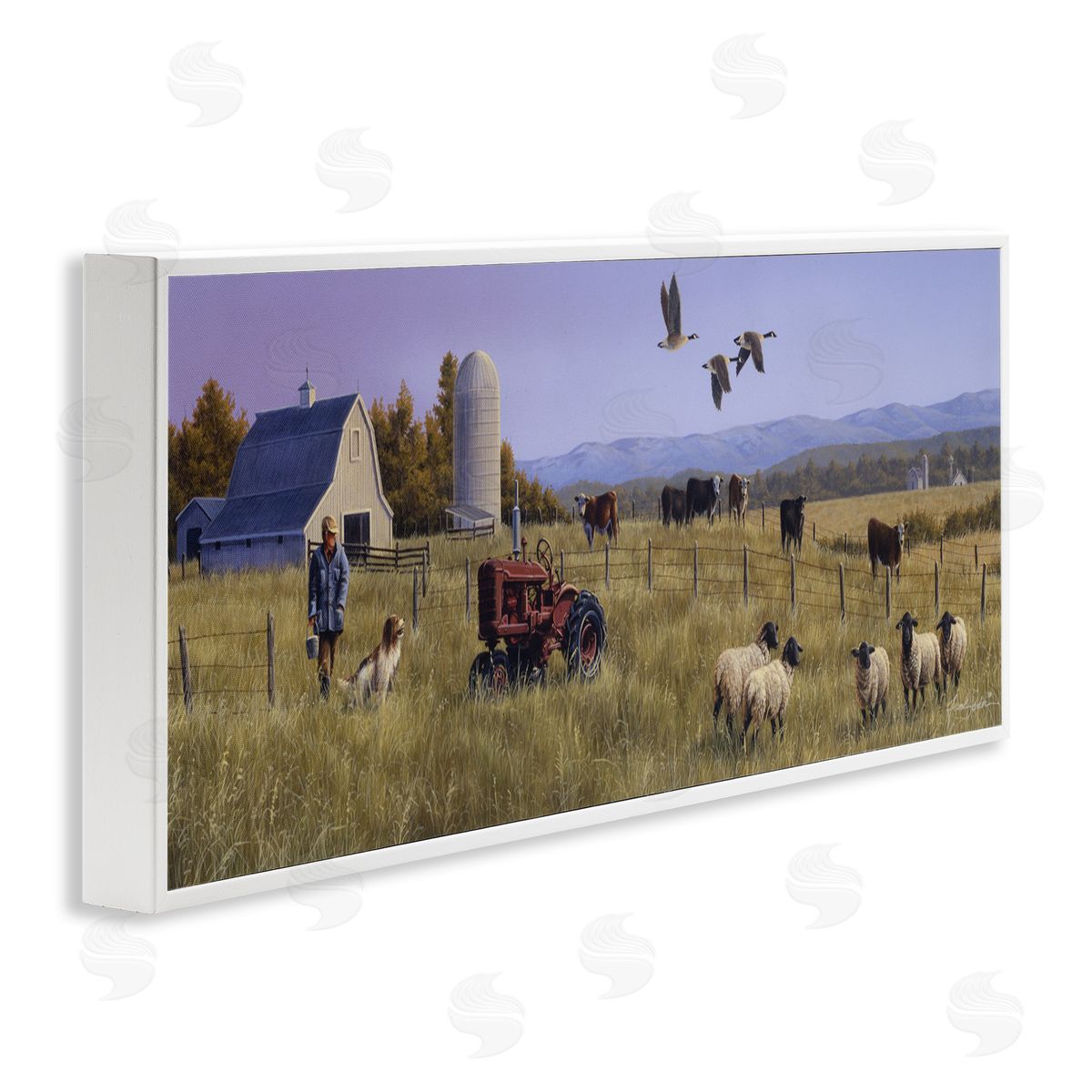 Geese Over Lush Farm Scene White Frame Print Wall Art, Home Decor by Frank Parker (Young)