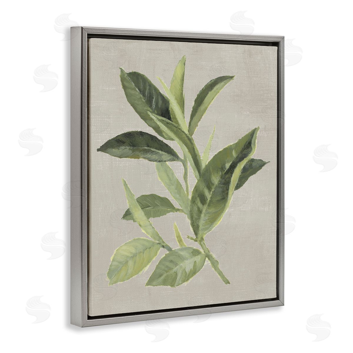 Green Tea Plant Leaf Grey Floating Frame Canvas Wall Art, Home Decor by Lanie Loreth