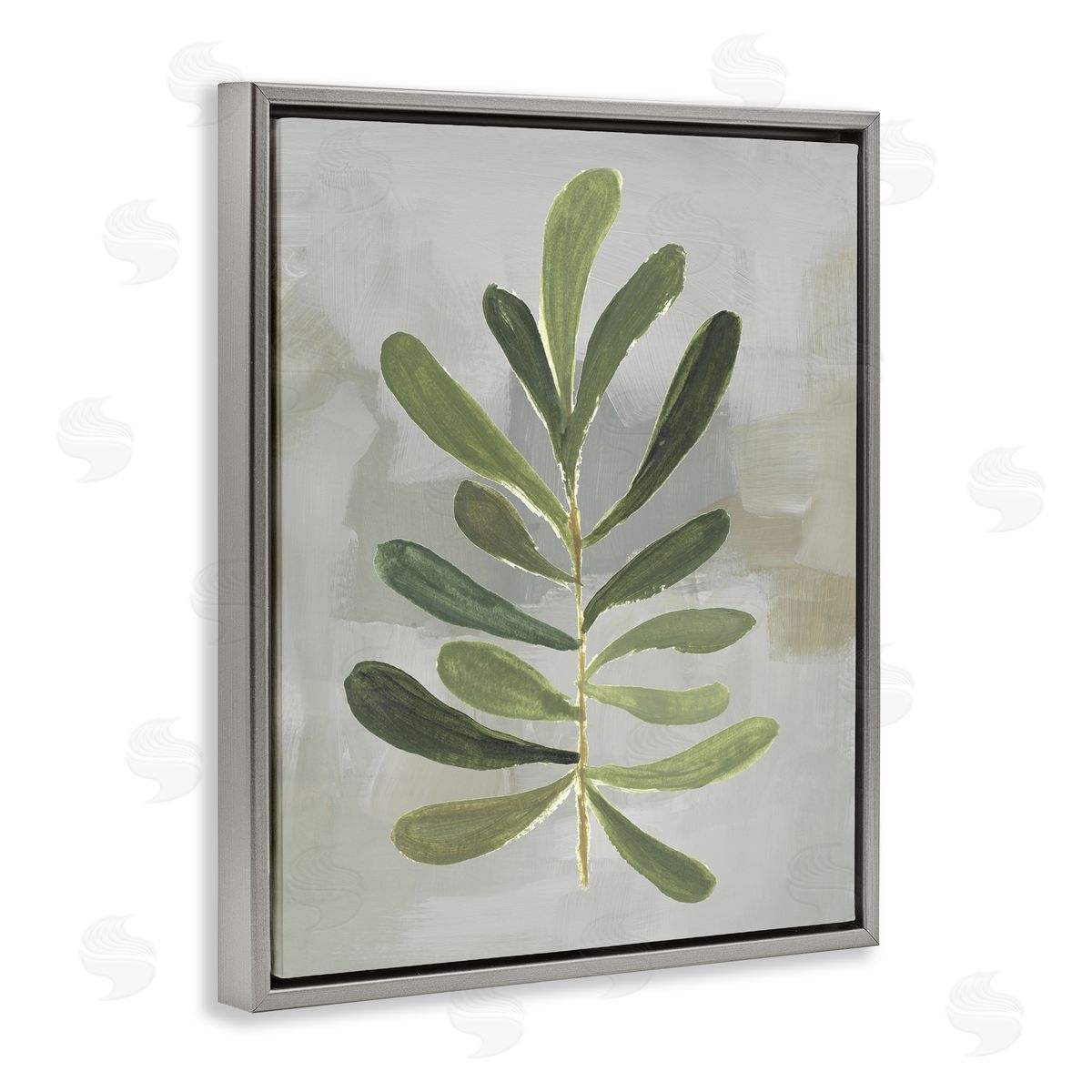 Single Green Leaf Branch Grey Floating Frame Canvas Wall Art, Home Decor by Lanie Loreth