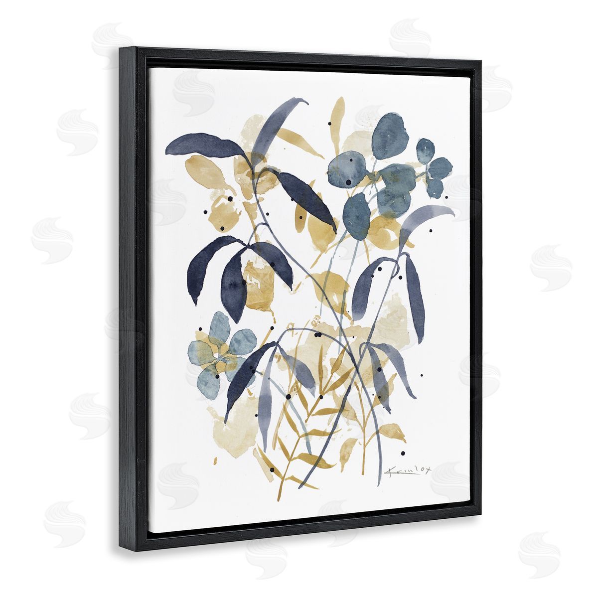 Blue & Yellow Plant Impressions Black Floating Frame Canvas Wall Art, Home Decor by Krinlox