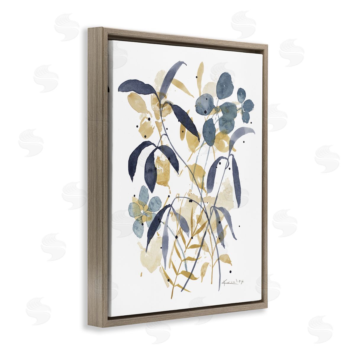 Blue & Yellow Plant Impressions Brown Floating Frame Canvas Wall Art, Home Decor by Krinlox