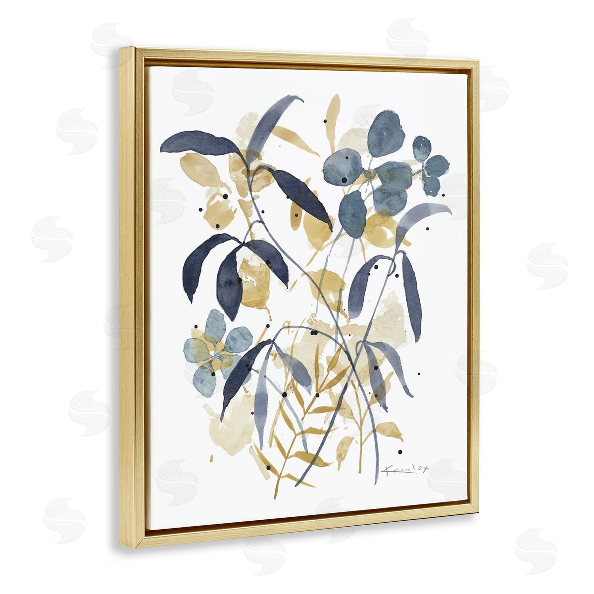 Blue & Yellow Plant Impressions Gold Floating Frame Canvas Wall Art, Home Decor by Krinlox