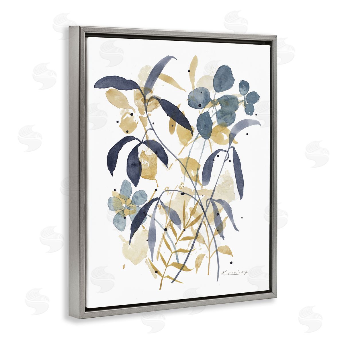Blue & Yellow Plant Impressions Grey Floating Frame Canvas Wall Art, Home Decor by Krinlox