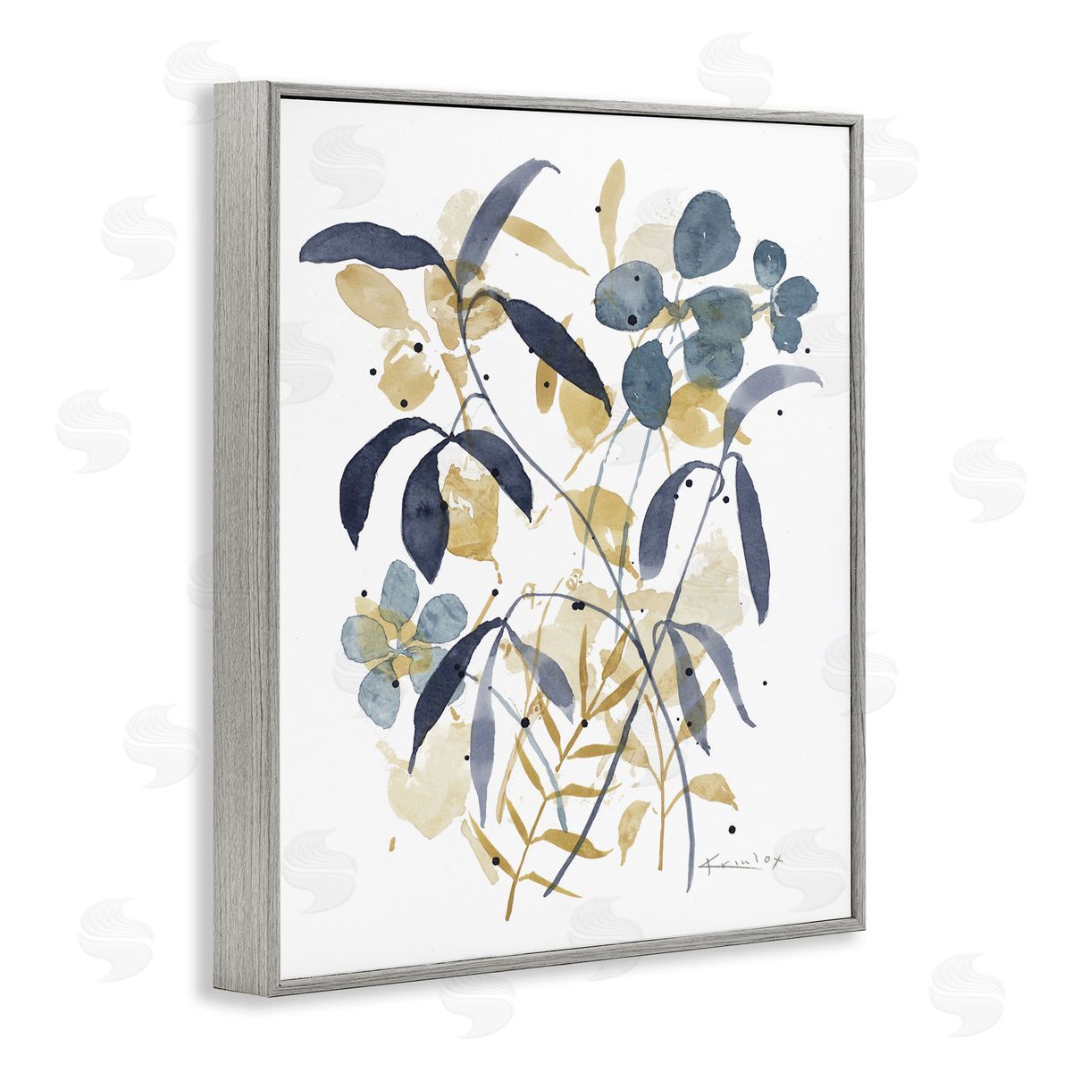 Blue & Yellow Plant Impressions Grey Frame Print Wall Art, Home Decor by Krinlox