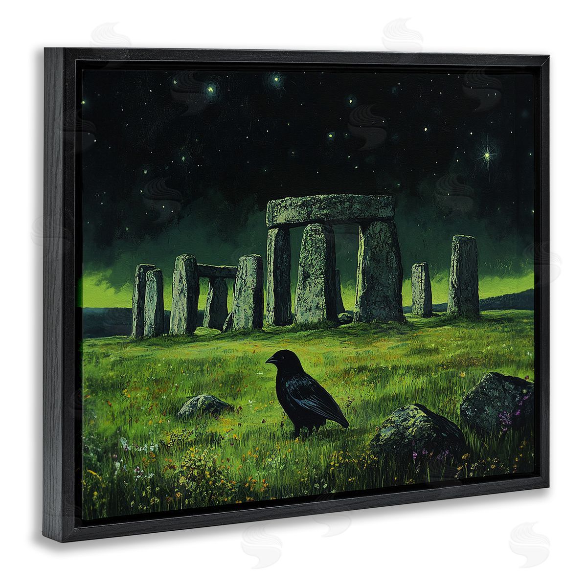 Crow & Stonehenge at Night Black Floating Frame Canvas Wall Art, Home Decor by Tom Crehan