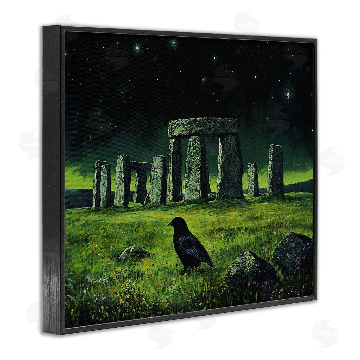 Crow & Stonehenge at Night Black Frame Print Wall Art, Home Decor by Tom Crehan