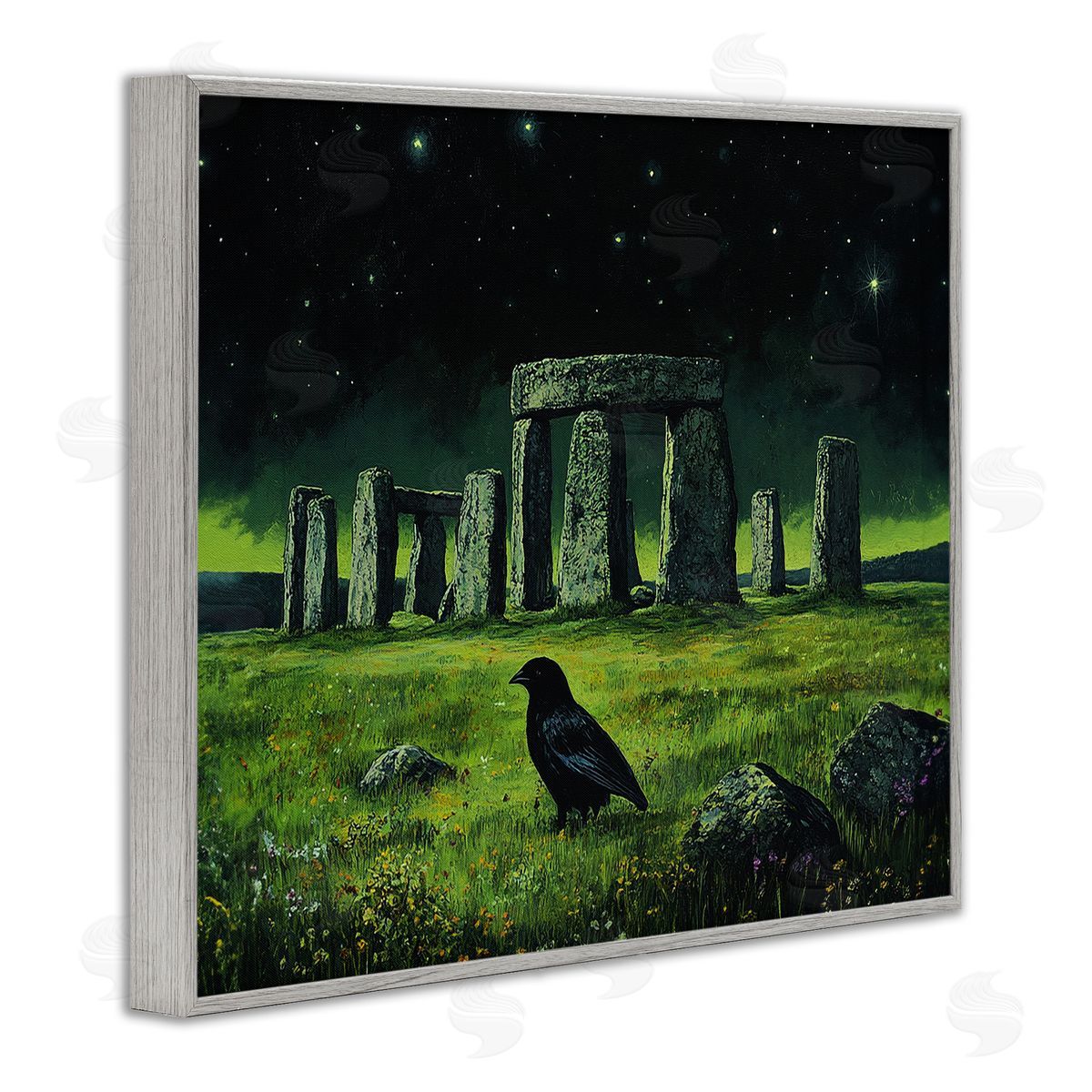 Crow & Stonehenge at Night Grey Frame Print Wall Art, Home Decor by Tom Crehan