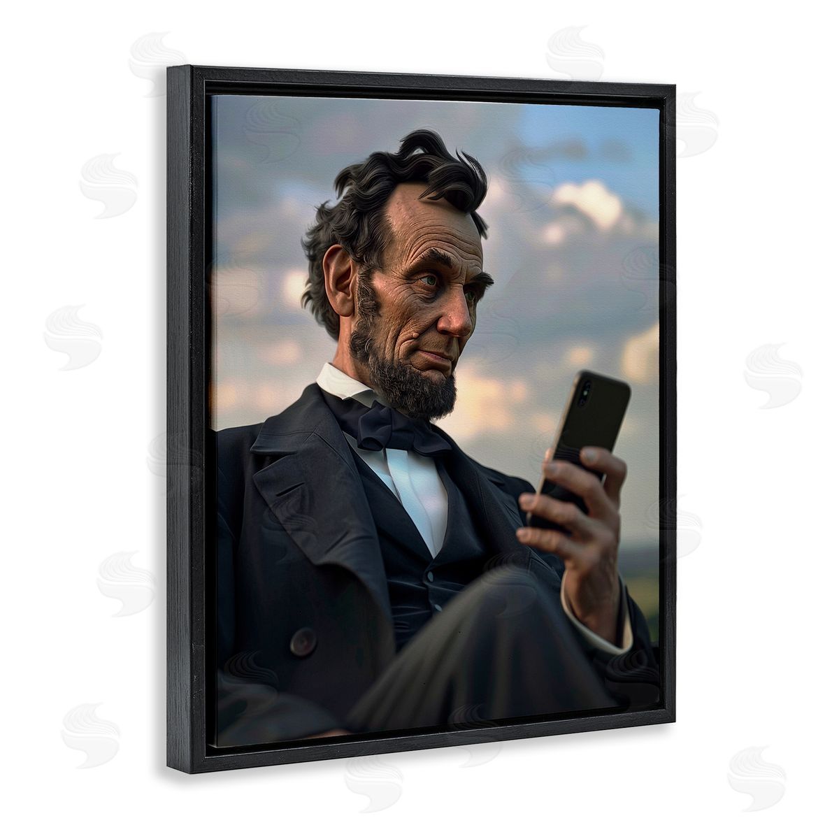 Abe Lincoln with Cellphone Black Floating Frame Canvas Wall Art, Home Decor by Michael McKinney
