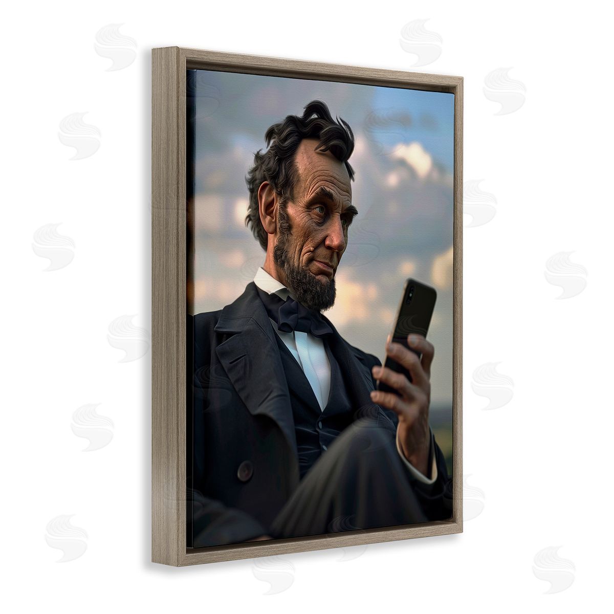 Abe Lincoln with Cellphone Brown Floating Frame Canvas Wall Art, Home Decor by Michael McKinney