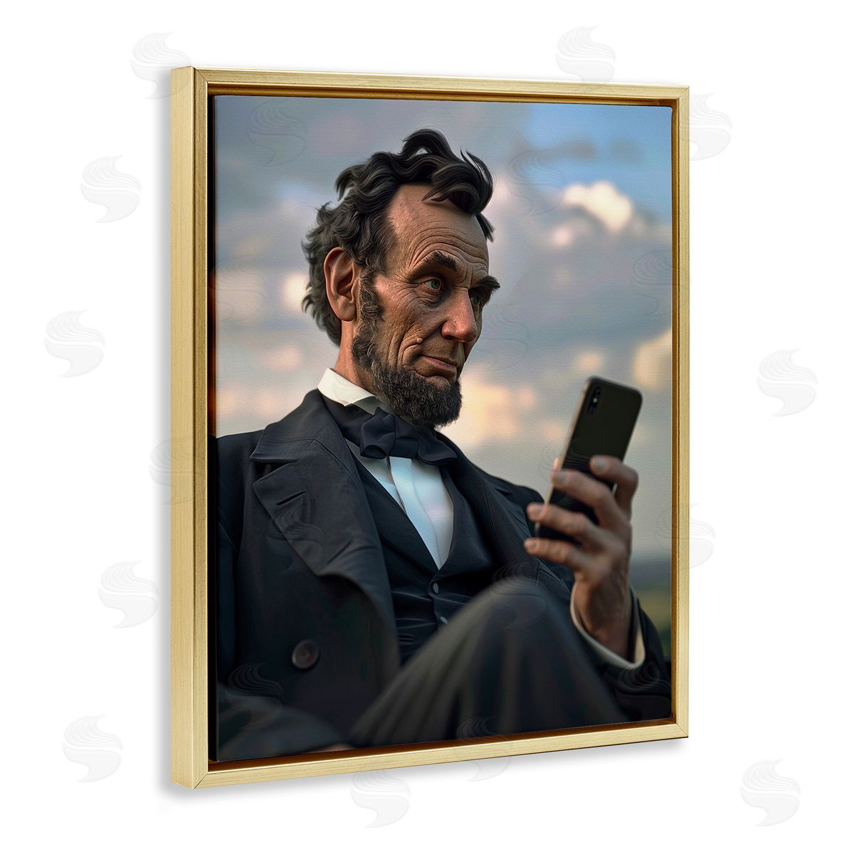 Abe Lincoln with Cellphone Gold Floating Frame Canvas Wall Art, Home Decor by Michael McKinney