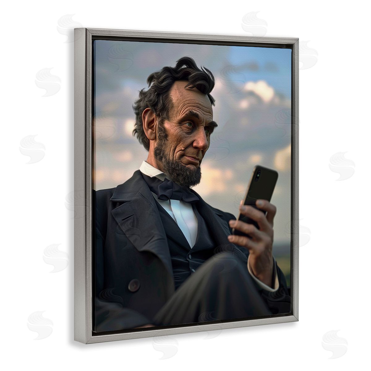 Abe Lincoln with Cellphone Grey Floating Frame Canvas Wall Art, Home Decor by Michael McKinney